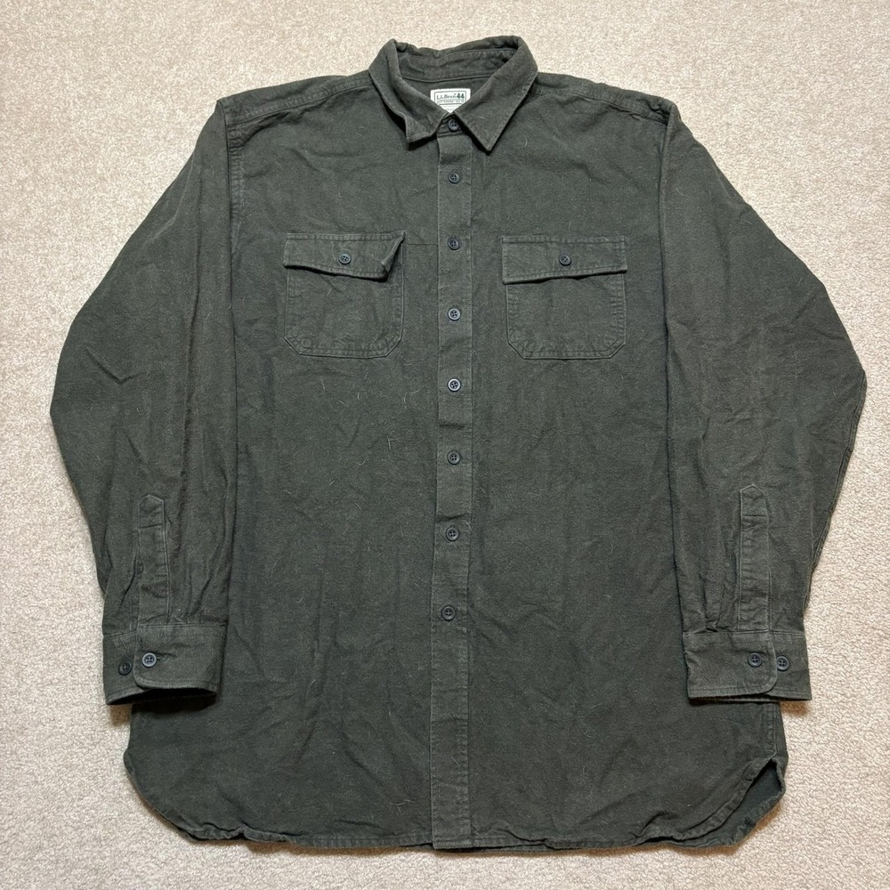 LL Bean Chamois Shirt Mens XLT Green Solid Flannel Button Up LS Tall Cotton Soft